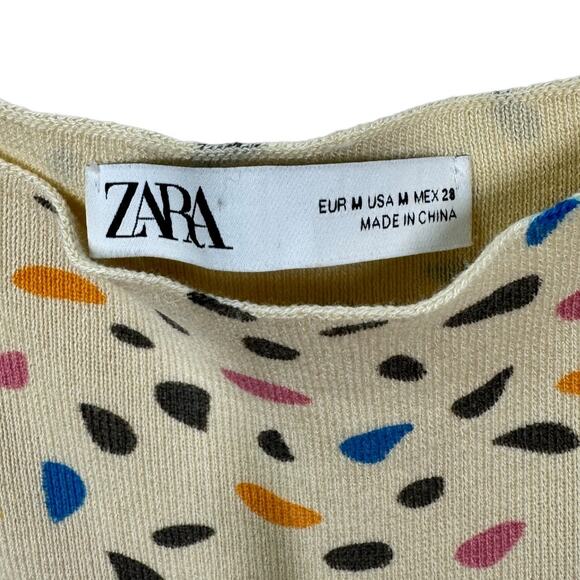 Zara Confetti Print Tie Strap Midi Dress Medium Yellow Stretch Knit Pockets - Picture 7 of 7